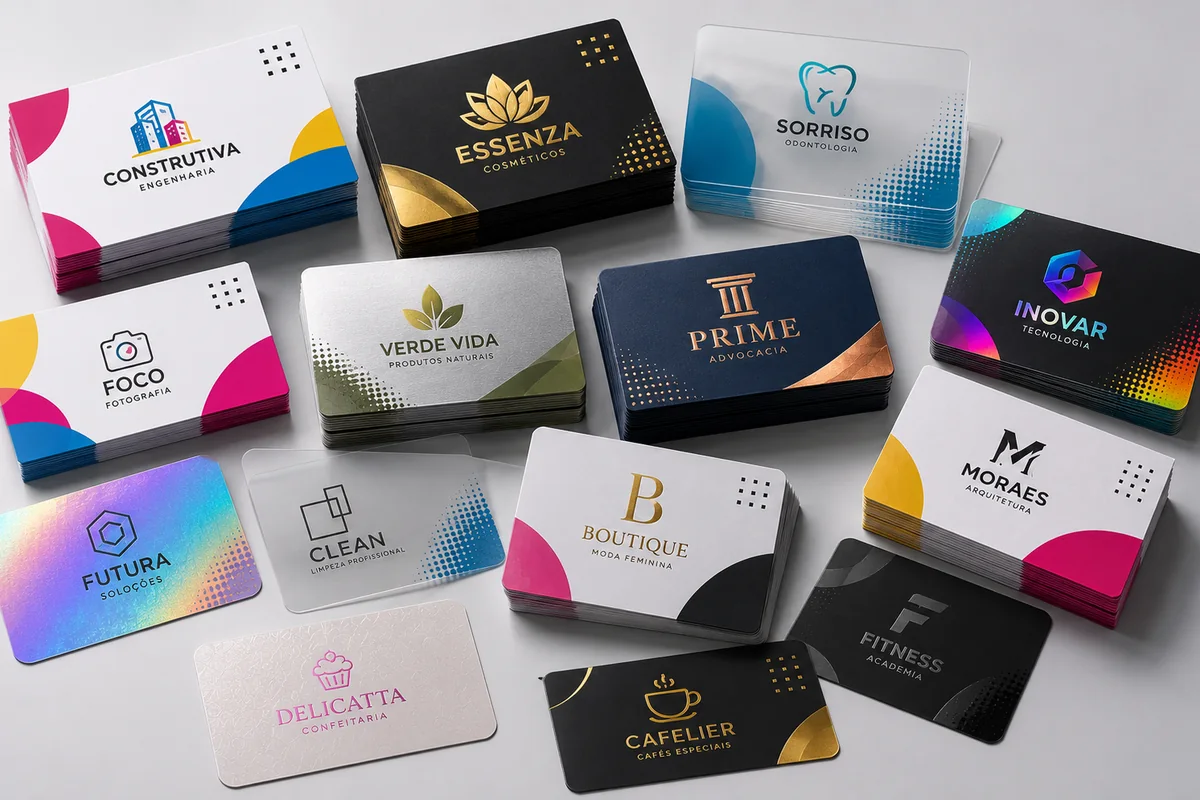 Mockup de cartões de visita com laminação, verniz, hot stamping e borda colorida