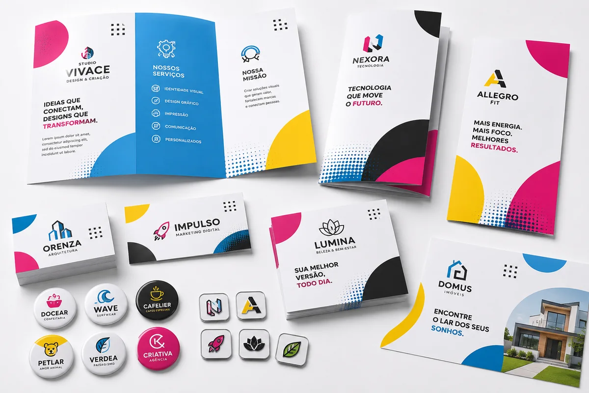 Mockup de impressão digital com folders, flyers, tags, ímãs e blocos personalizados