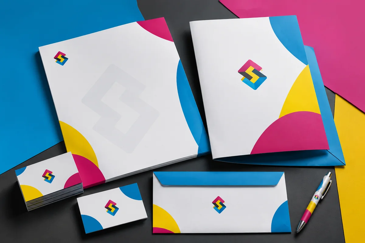 Mockup de papelaria personalizada com cadernos, envelopes, cartões e pastas