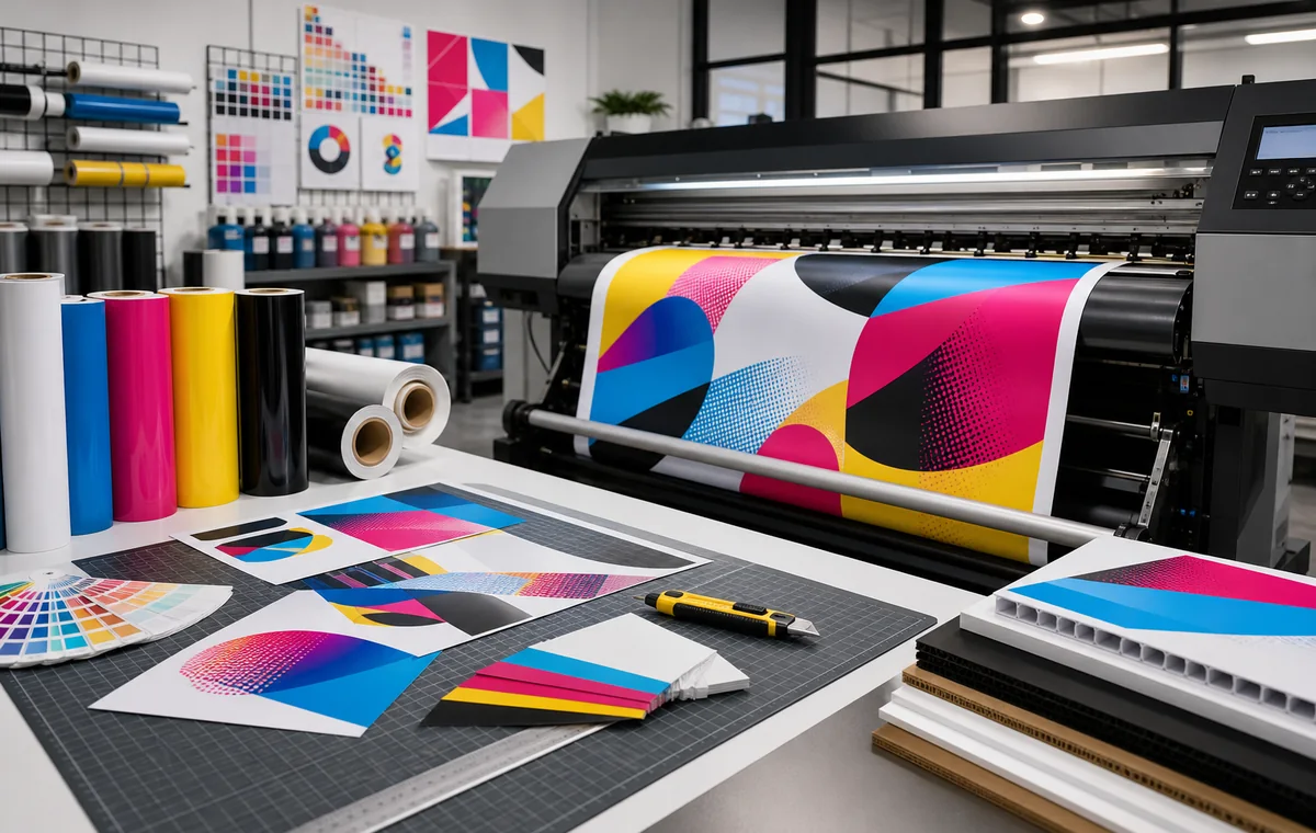Ambiente de produção gráfica com impressora grande formato e materiais coloridos